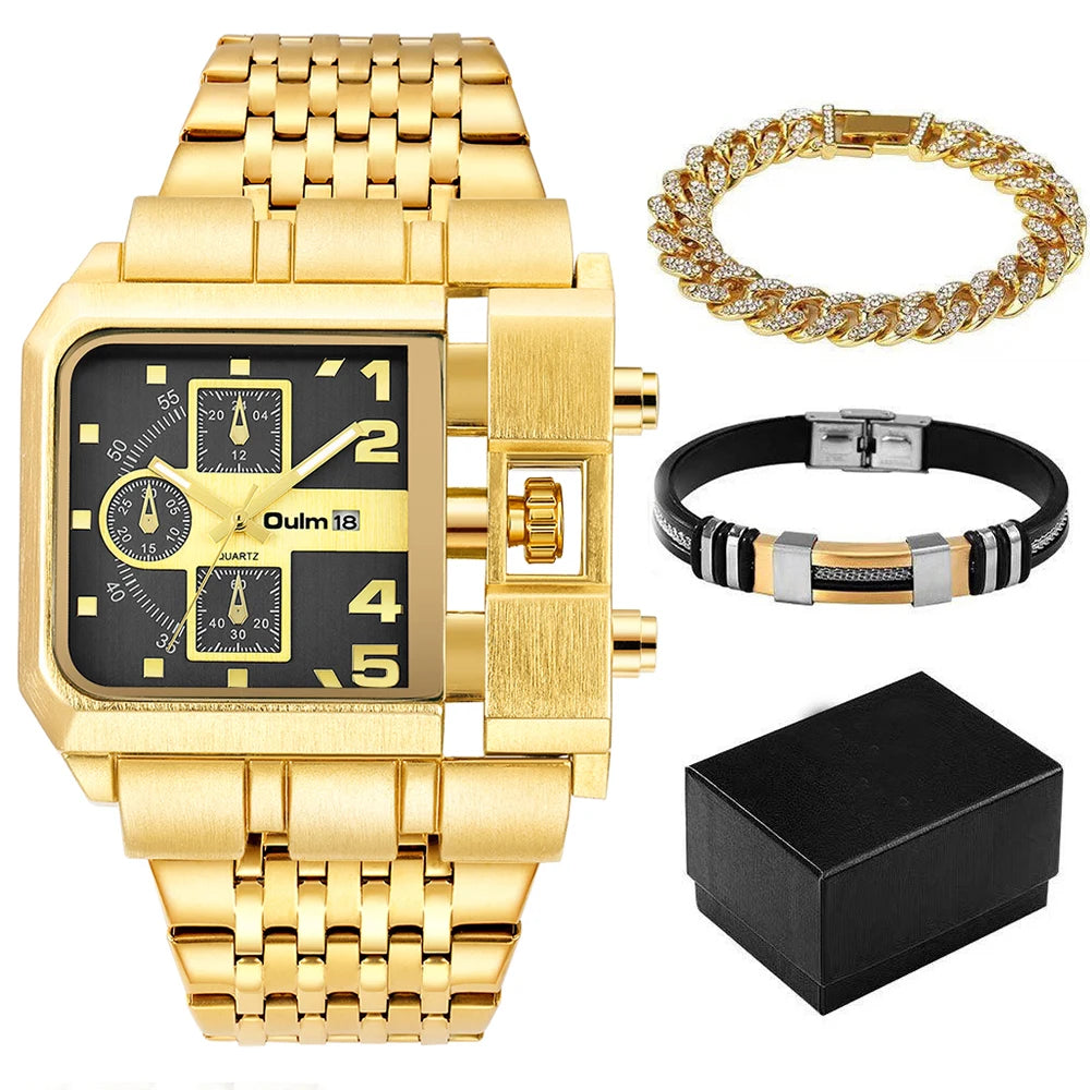 Oulm Top Large Dial Men Watch Square Gold Quartz Wrist Watch for Man Sports Multi-Time Zone Military Male Waterproof 2023