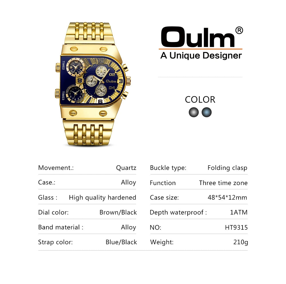 Oulm Top Large Dial Men Watch Square Gold Quartz Wrist Watch for Man Sports Multi-Time Zone Military Male Waterproof 2023