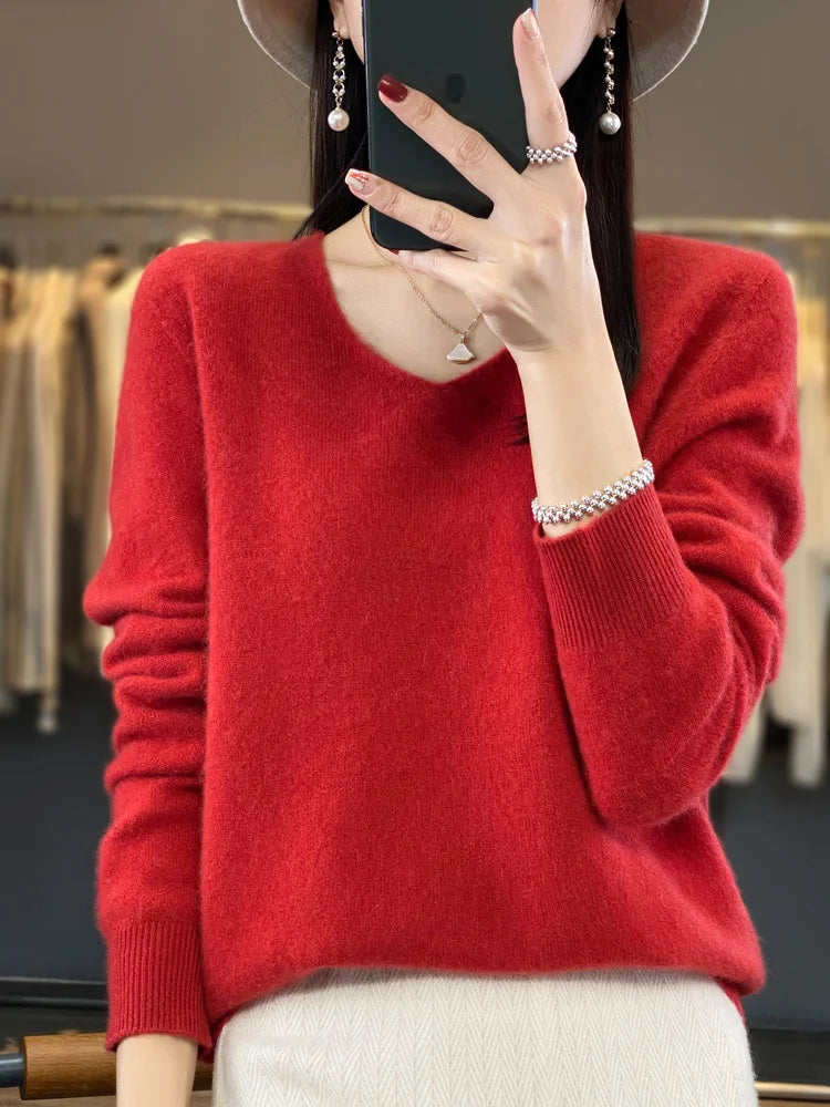 100% Merino Wool Women's Sweater V-Neck Long Sleeve Pullovers Autumn Winter Basic Jumper Cashmere Knitwear Warm Female Clothing