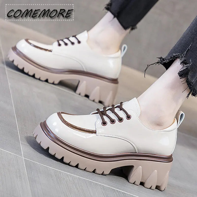 British Style Chunky Platform Pumps Casual Women's 2022 Autumn Lace Up Thick Heels Loafers Woman Round Toe Patent Leather Shoes