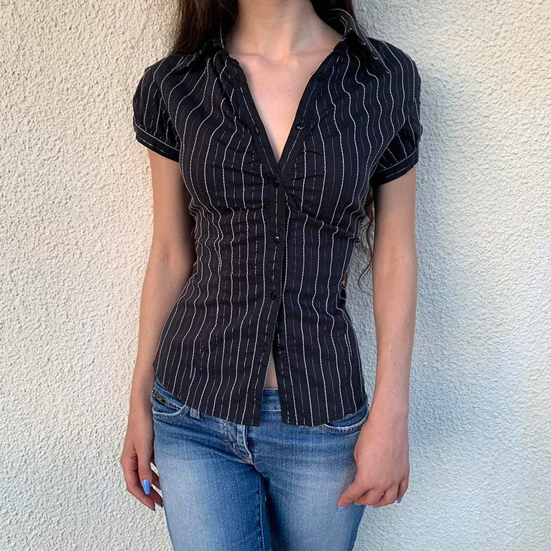 IAMHOTTY Chic Elegant Striped Blouse Women's Summer French Style Button-up Turn-down Collar Shirt Vintage Streetwear Y2K Tops