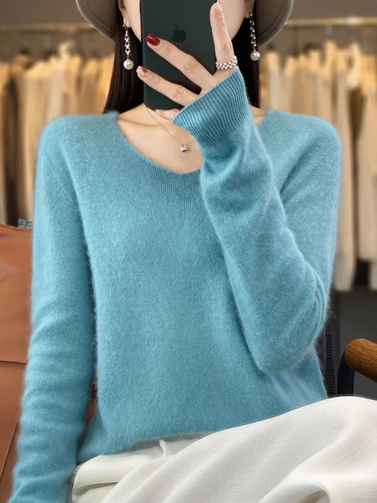 100% Merino Wool Women's Sweater V-Neck Long Sleeve Pullovers Autumn Winter Basic Jumper Cashmere Knitwear Warm Female Clothing