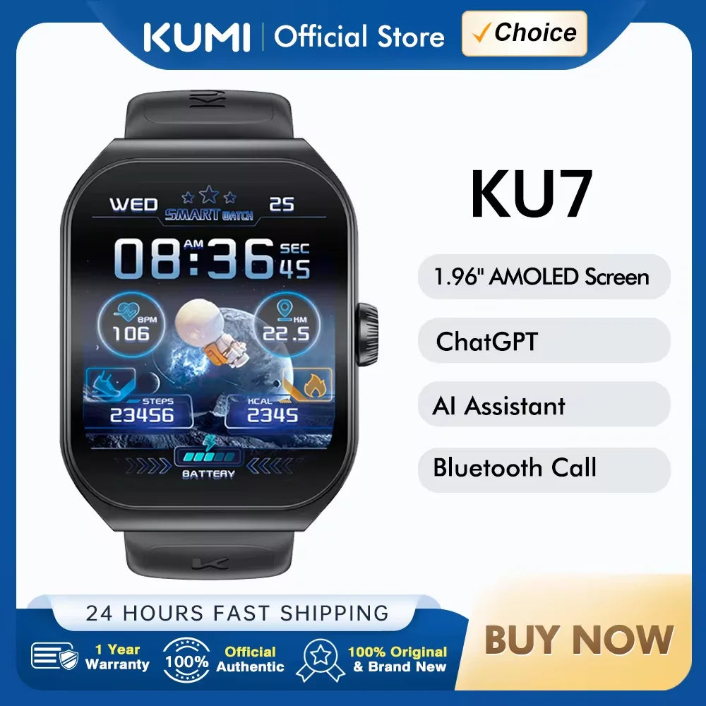 KUMI KU7 Smartwatches 1.96" Amoled 100+Sport Modes NFC IP68 Waterproof  Bluetooth Call Health Sleep Monitoring sos for man woman