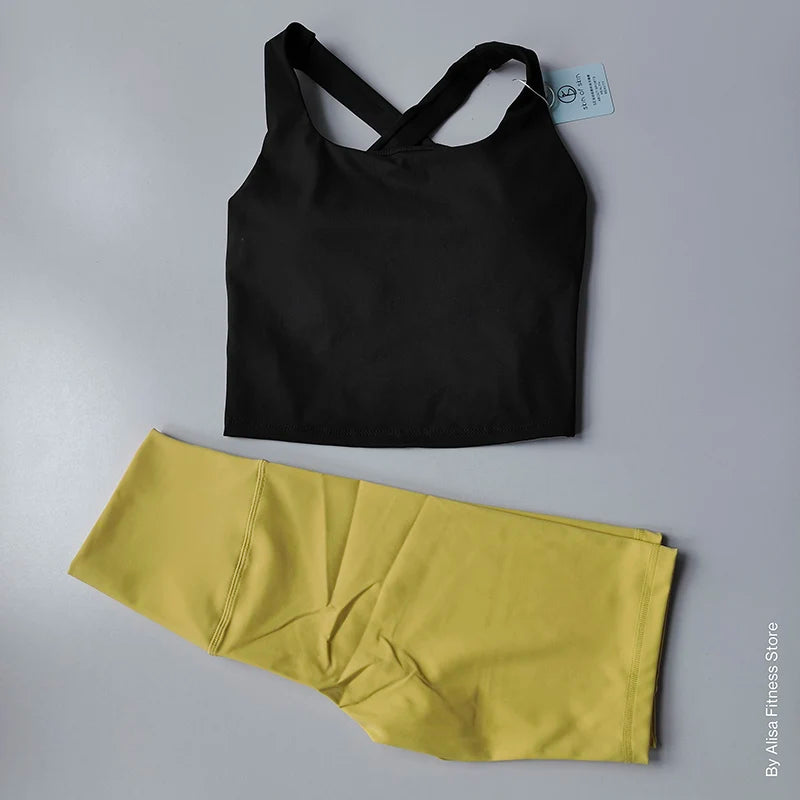 2PCS  Women Yoga Set Workout Sports Bra Set Sportswear Gym Clothing Fitness Long Sleeve Crop Top High Waist Shorts Sports Suits