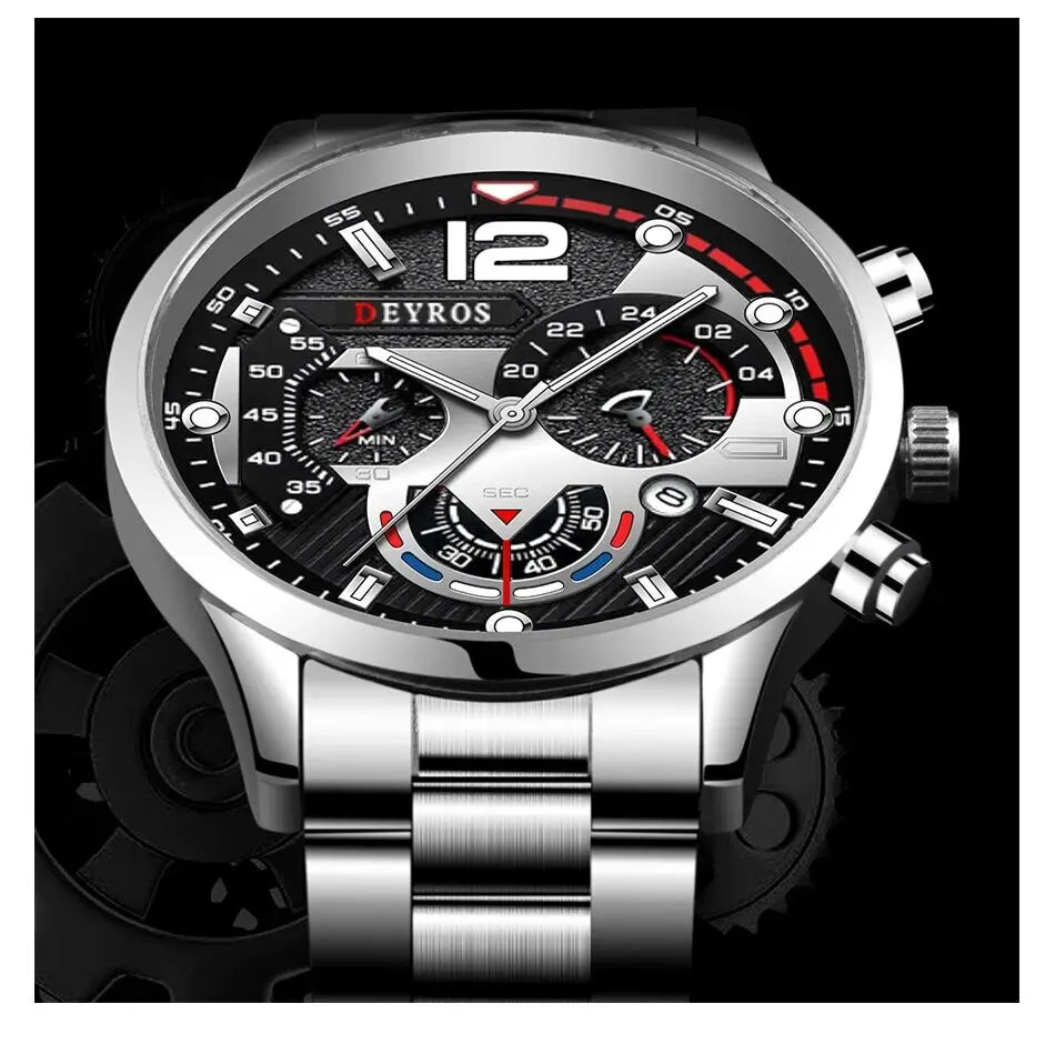 2pcs Luxury Mens Silver Quartz Watch With Stainless Steel Bracelet Men Fashion Business Casual Watch Luminous Clock