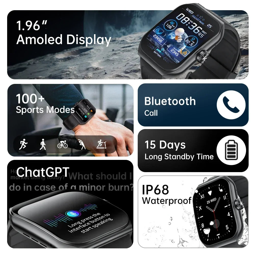 KUMI KU7 Smart watch 1.96" Amoled screen NFC IP68 Waterproof 100+Sport Modes  Bluetooth Call Health Sleep Monitoring