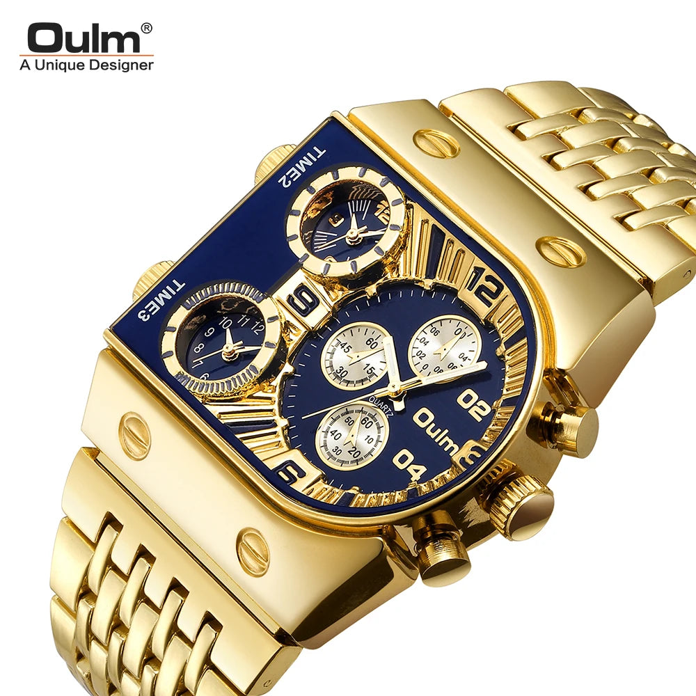 Oulm Top Large Dial Men Watch Square Gold Quartz Wrist Watch for Man Sports Multi-Time Zone Military Male Waterproof 2023