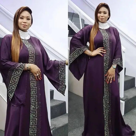 Elegant Fashion Purple African Dresses Flare Sleeve Diamonds Islamic Clothing Abaya Muslim Robe Long Maxi Party Dress Vestidos