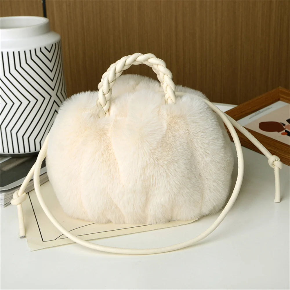 Women's Crossbody Pumpkin Plush Bag Cute Tote Bags Autumn Winter Fashion Solid Color Handbag Travel Shoulder Bags