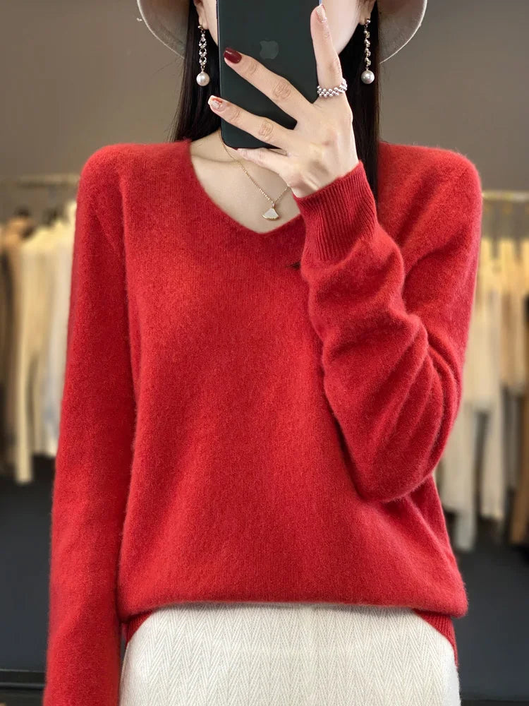 100% Merino Wool Women's Sweater V-Neck Long Sleeve Pullovers Autumn Winter Basic Jumper Cashmere Knitwear Warm Female Clothing