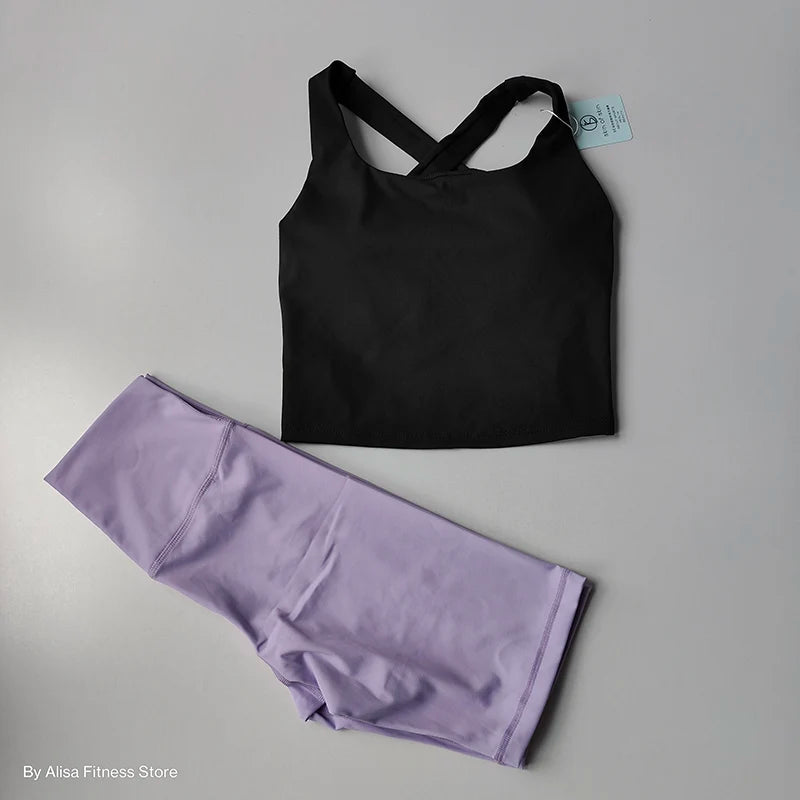 2PCS  Women Yoga Set Workout Sports Bra Set Sportswear Gym Clothing Fitness Long Sleeve Crop Top High Waist Shorts Sports Suits