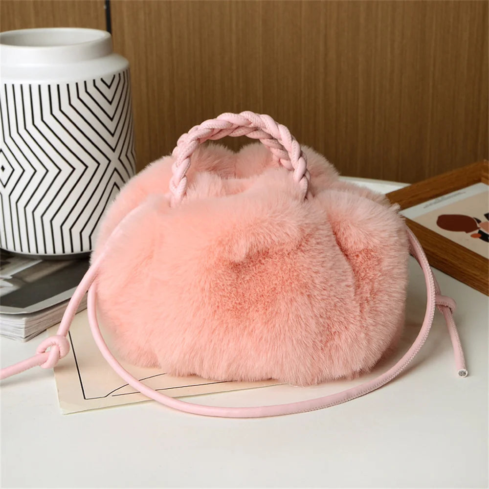 Women's Crossbody Pumpkin Plush Bag Cute Tote Bags Autumn Winter Fashion Solid Color Handbag Travel Shoulder Bags