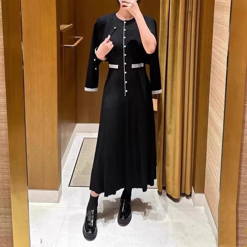 2024 New High Quality French Summer Pearl Decoration Knitted Long Dress Elegant Women O Neck Sleeveless Tank Black Pleated Robe