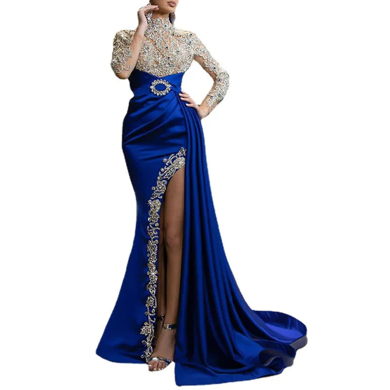 2023 Europe and the United States new women's dress blue sprinkle gold split splicing half high neck evening dress