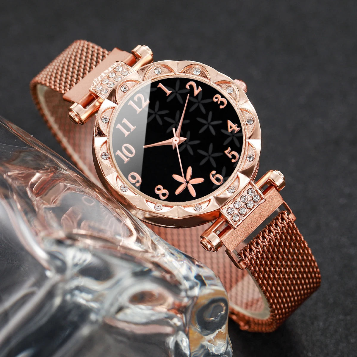 2PCS/Set Fashion Flower Dial Women's Watch Magnet Buckle Mesh Band Quartz Watches Star Bracelet Set(Without Box)