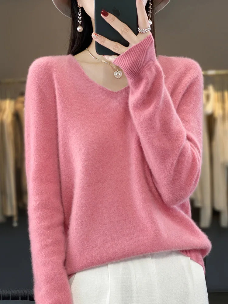 100% Merino Wool Women's Sweater V-Neck Long Sleeve Pullovers Autumn Winter Basic Jumper Cashmere Knitwear Warm Female Clothing