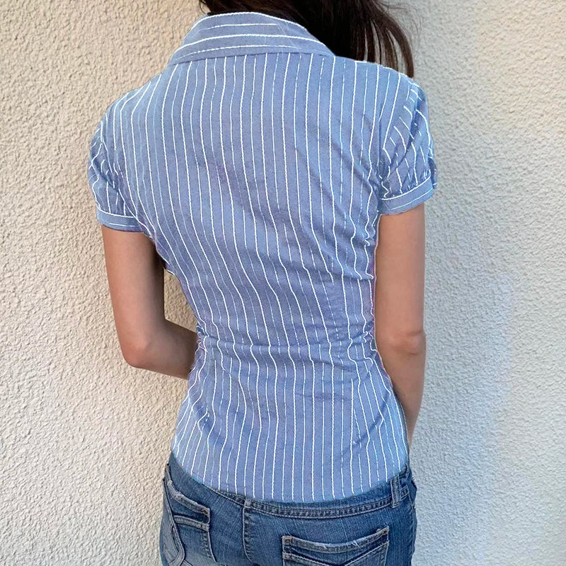 IAMHOTTY Chic Elegant Striped Blouse Women's Summer French Style Button-up Turn-down Collar Shirt Vintage Streetwear Y2K Tops