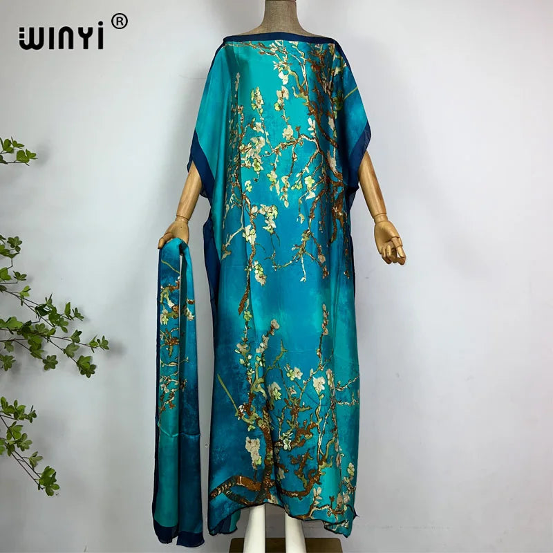 WINYI beach Africa summer kaftan with belt Women boho print Caftan Elegant Holiday summer Maxi silk feeling Bohemian party dress