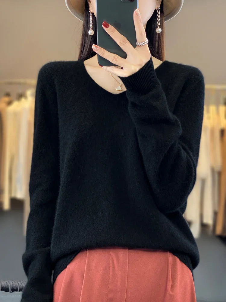 100% Merino Wool Women's Sweater V-Neck Long Sleeve Pullovers Autumn Winter Basic Jumper Cashmere Knitwear Warm Female Clothing