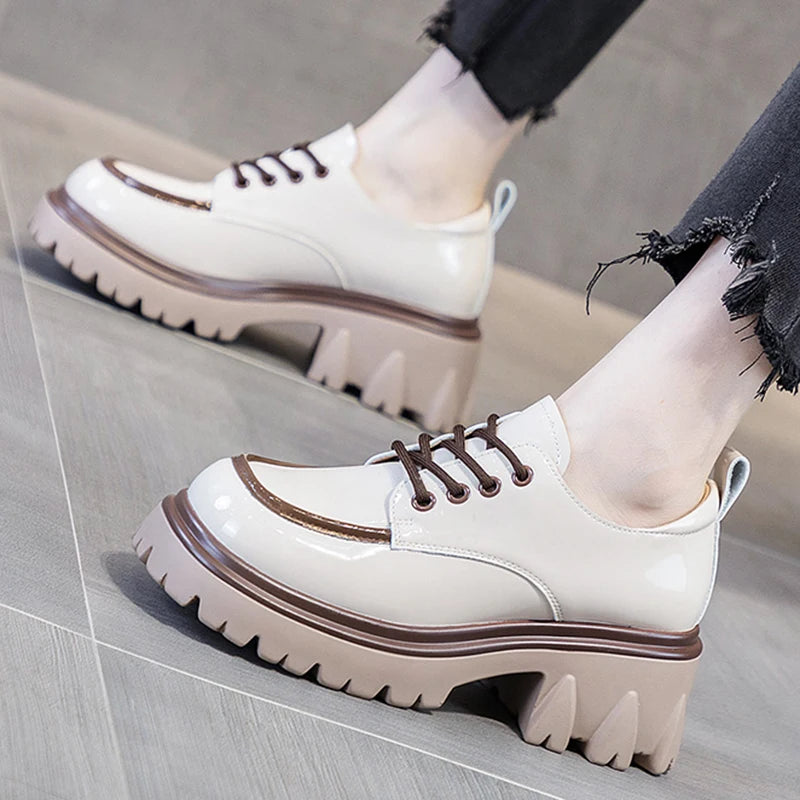 British Style Chunky Platform Pumps Casual Women's 2022 Autumn Lace Up Thick Heels Loafers Woman Round Toe Patent Leather Shoes