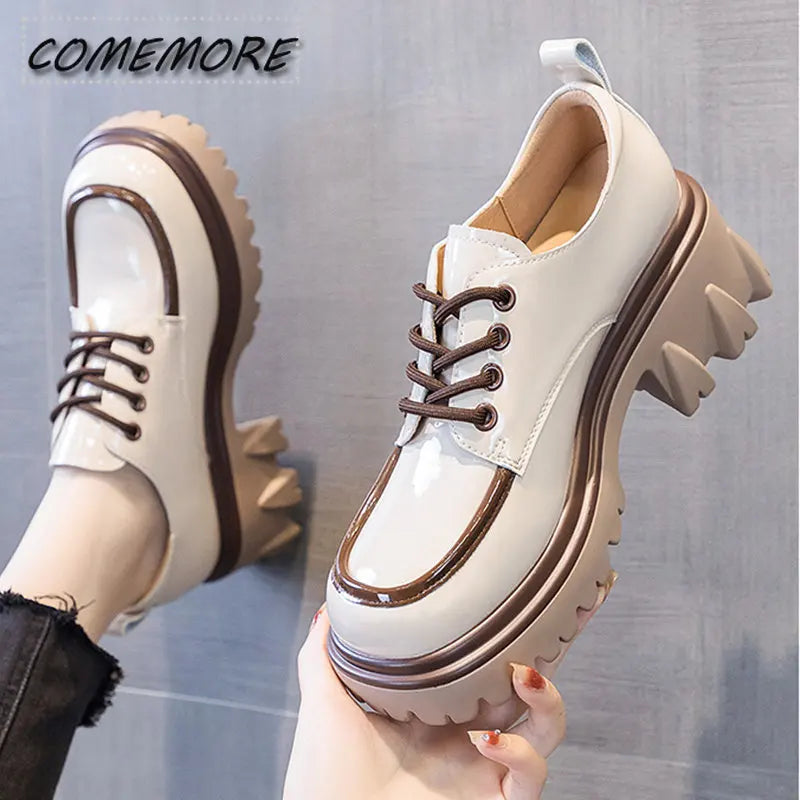 British Style Chunky Platform Pumps Casual Women's 2022 Autumn Lace Up Thick Heels Loafers Woman Round Toe Patent Leather Shoes