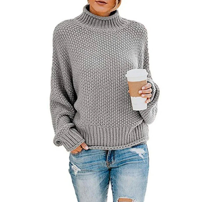 Women's 2024 Turtleneck Batwing Sleeve Loose Oversized Chunky Knitted Pullover Sweater Jumper Tops