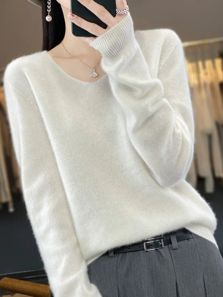 100% Merino Wool Women's Sweater V-Neck Long Sleeve Pullovers Autumn Winter Basic Jumper Cashmere Knitwear Warm Female Clothing