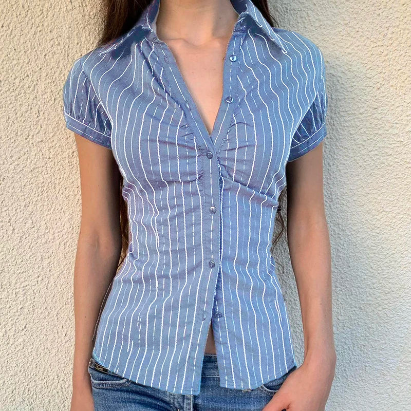 IAMHOTTY Chic Elegant Striped Blouse Women's Summer French Style Button-up Turn-down Collar Shirt Vintage Streetwear Y2K Tops