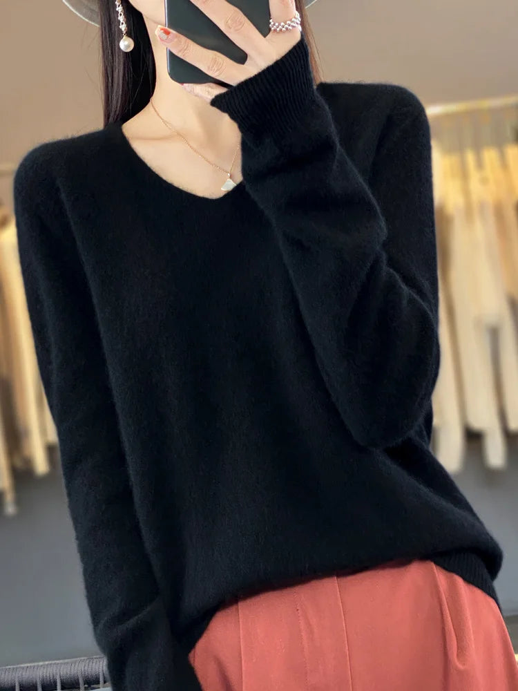 100% Merino Wool Women's Sweater V-Neck Long Sleeve Pullovers Autumn Winter Basic Jumper Cashmere Knitwear Warm Female Clothing