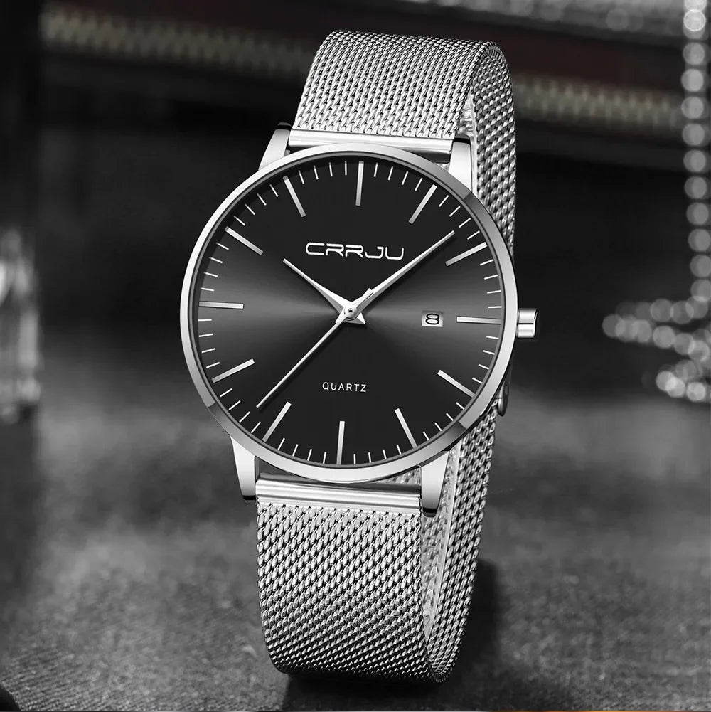 CRRJU Watch for Men, Stainless Steel 40mm with Mesh Strap Mens Watches,Classic Ultra Slim 7mm Men's Wrist Watches Automatic