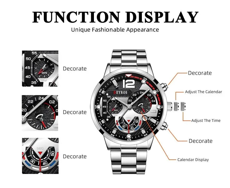 2pcs Luxury Mens Silver Quartz Watch With Stainless Steel Bracelet Men Fashion Business Casual Watch Luminous Clock