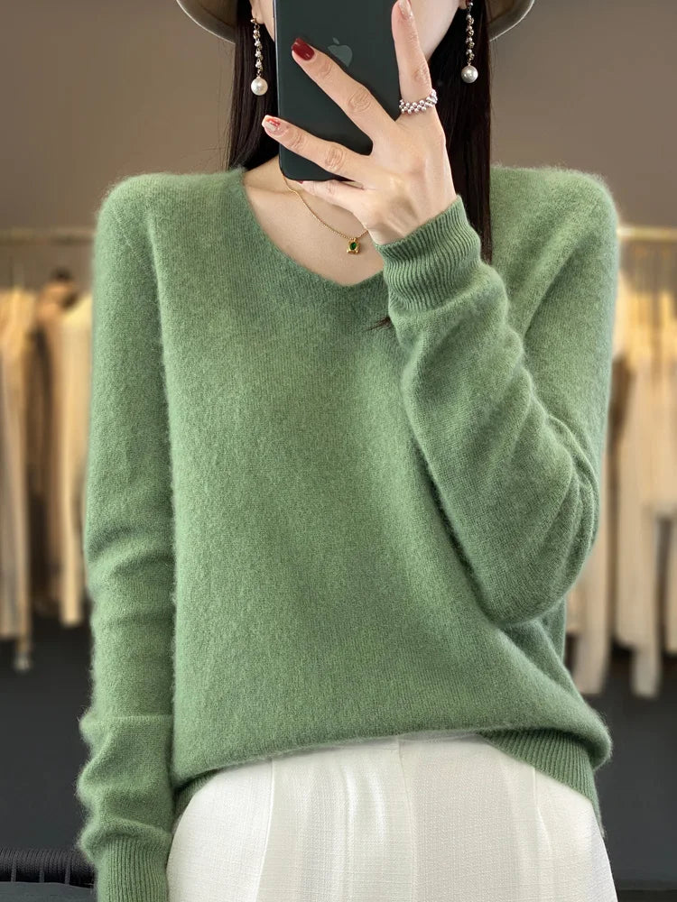 100% Merino Wool Women's Sweater V-Neck Long Sleeve Pullovers Autumn Winter Basic Jumper Cashmere Knitwear Warm Female Clothing