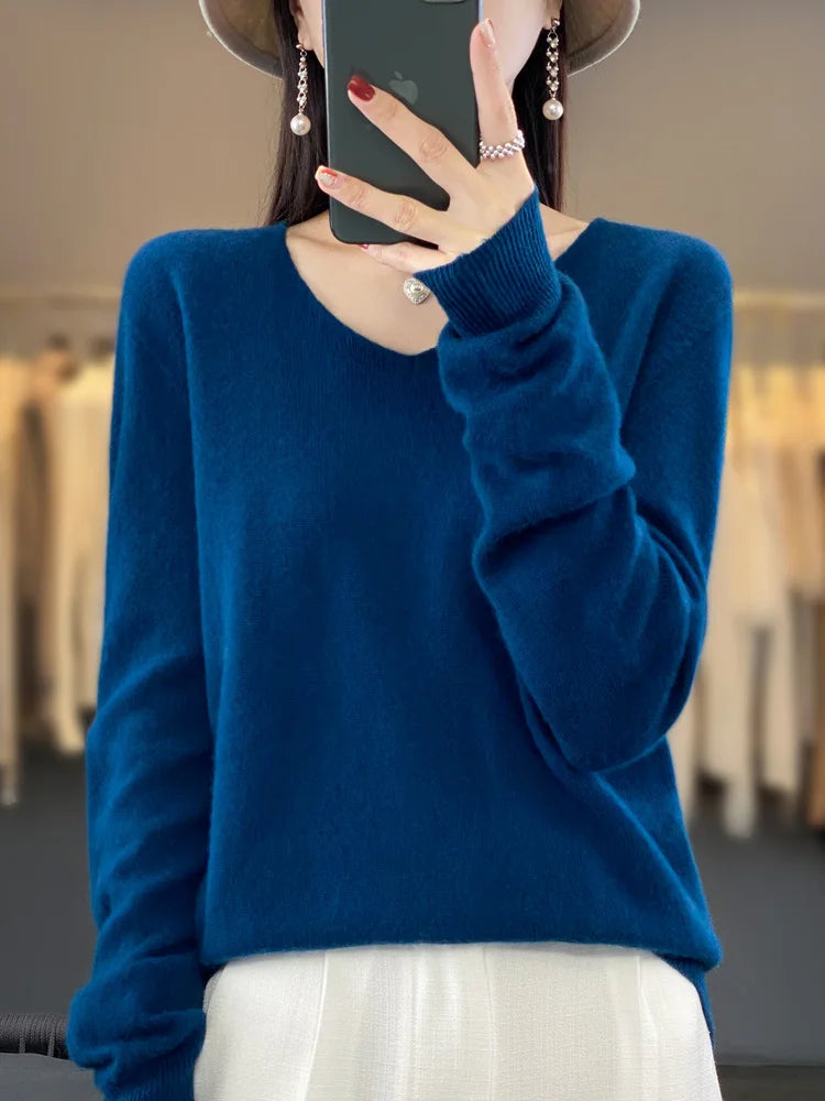 100% Merino Wool Women's Sweater V-Neck Long Sleeve Pullovers Autumn Winter Basic Jumper Cashmere Knitwear Warm Female Clothing