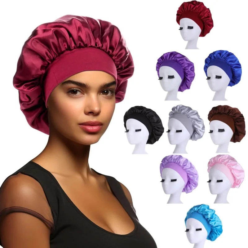 Women Sleeping Caps Bathroom Satin Solid Color Stretch Bonnets Shower Cap Hair Hat for Daily Use and Beauty