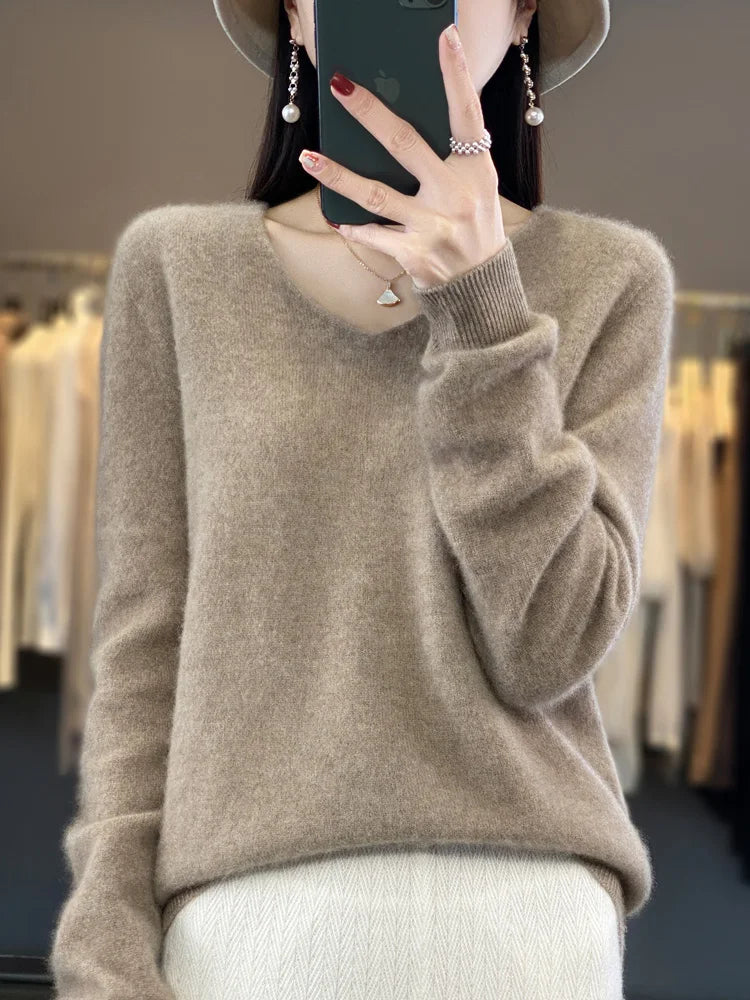 100% Merino Wool Women's Sweater V-Neck Long Sleeve Pullovers Autumn Winter Basic Jumper Cashmere Knitwear Warm Female Clothing