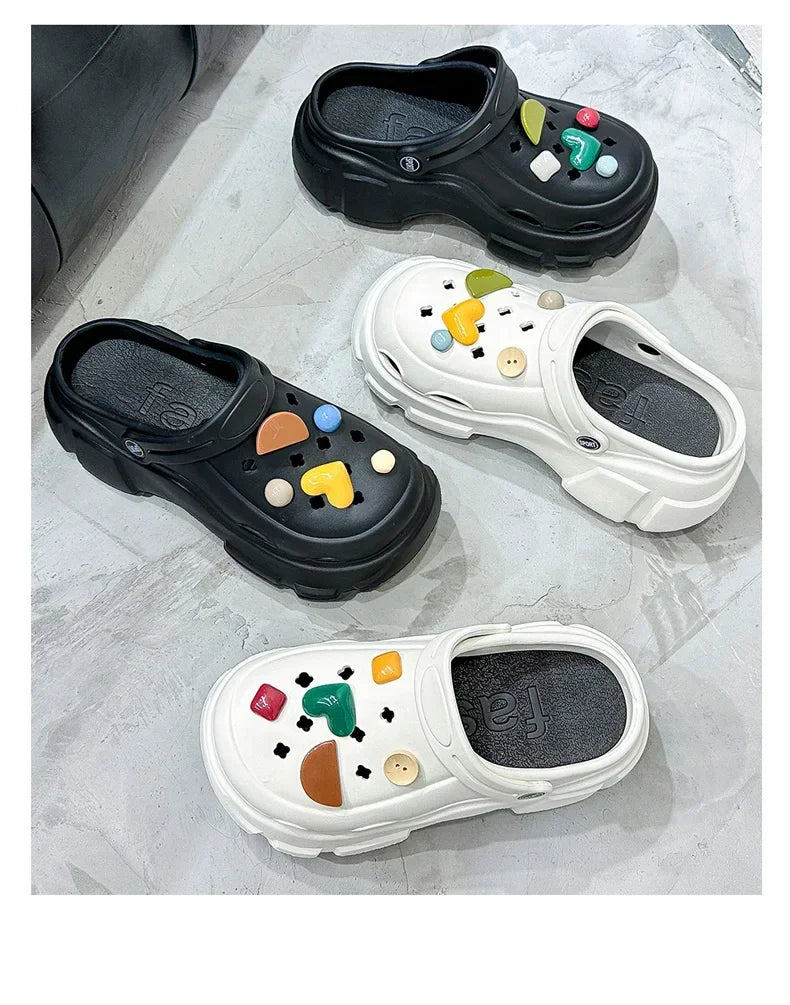 Beach Slippers Cute Cat Hole Garden Shoes for Women Slippers 2024 Summer High-Heeled Thick Sole Soft Sandals Outdoor