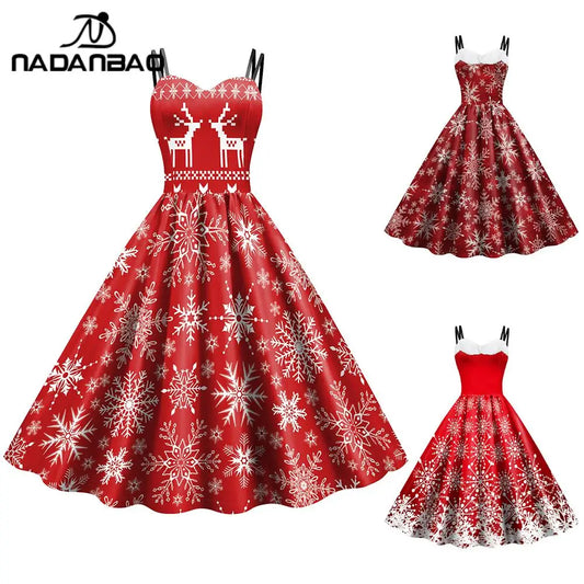 NADANBAO Women  Christmas Party Dresses Elk Snowflake Spaghetti Strap Red Dress Lady Girl Sexy Costume Xmas Clothes Holiday Gift