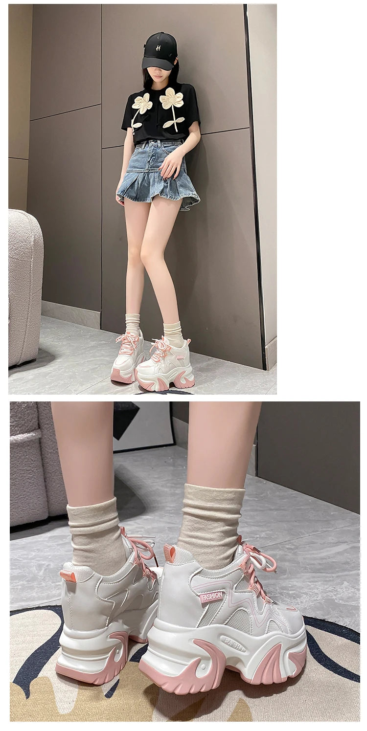 Women Walking Sneakers Autumn Lace-up High Platform Chunky Shoes Breathable Leather Shoes 10CM Winter Wedge Heels Casual Shoes