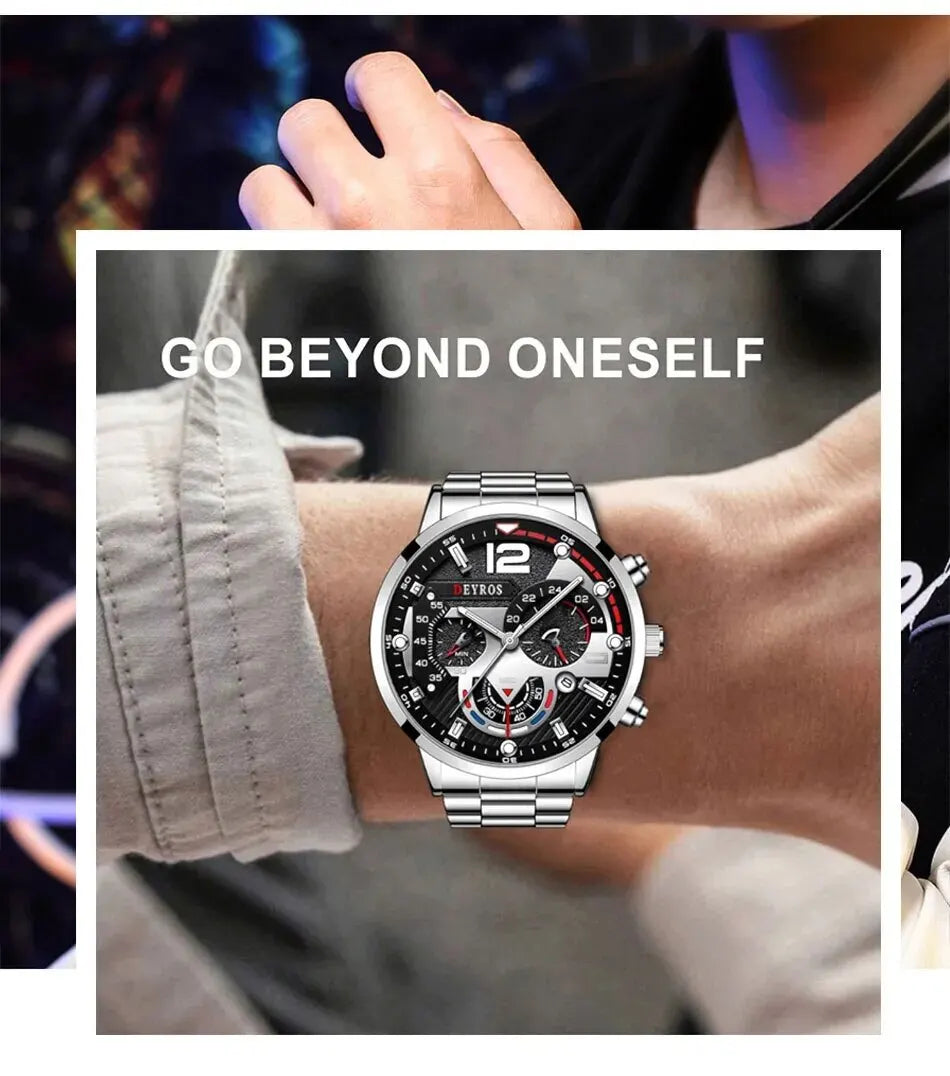 2pcs Luxury Mens Silver Quartz Watch With Stainless Steel Bracelet Men Fashion Business Casual Watch Luminous Clock