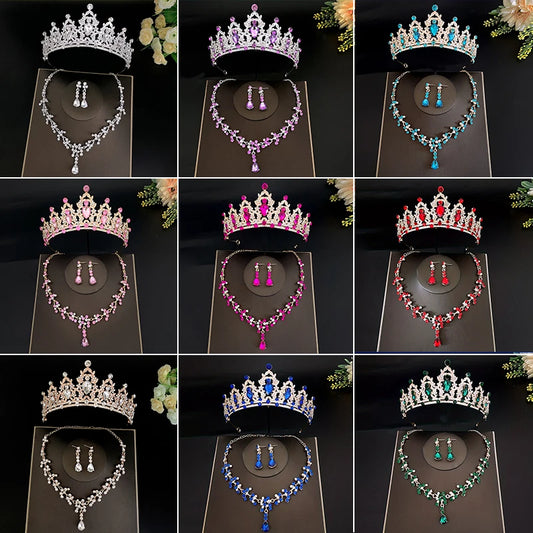 3pcs/set Crystal Bridal Tiara And Crown Earrings Necklace Jewelry Set For Women Princess Girls,Jeweled Wedding Tiara For Bride