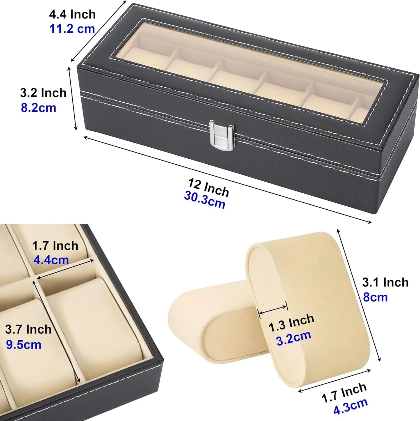 6 Slot PU Leather Watch Box Display Case Jewelry Organizer with Glass Top