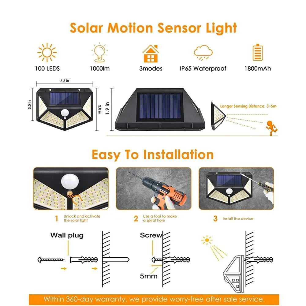 1/2/4/6/10PCS 100 LED Solar Wall Lamp 4 Sides Luminous With Motion Sensor Outdoor Garden Courtyard Waterproof Wall Light