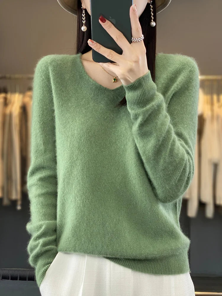 100% Merino Wool Women's Sweater V-Neck Long Sleeve Pullovers Autumn Winter Basic Jumper Cashmere Knitwear Warm Female Clothing