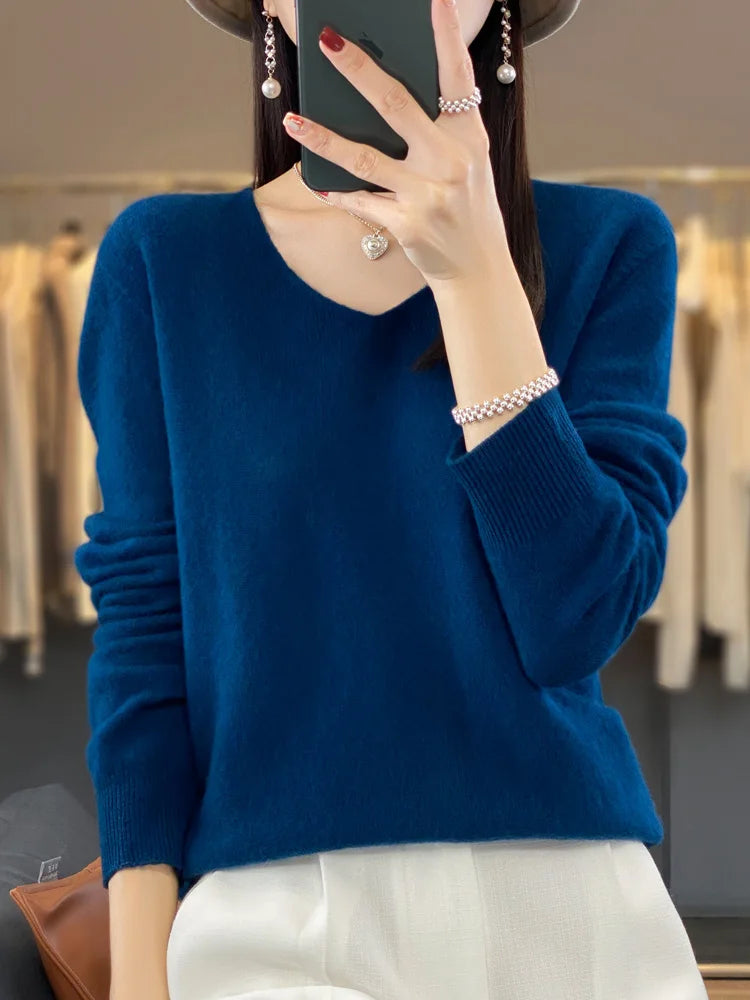 100% Merino Wool Women's Sweater V-Neck Long Sleeve Pullovers Autumn Winter Basic Jumper Cashmere Knitwear Warm Female Clothing