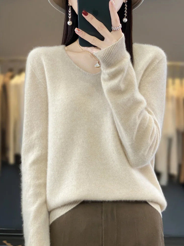 100% Merino Wool Women's Sweater V-Neck Long Sleeve Pullovers Autumn Winter Basic Jumper Cashmere Knitwear Warm Female Clothing