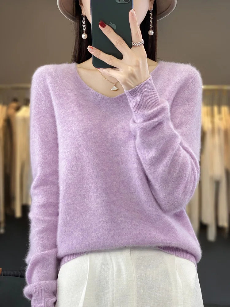 100% Merino Wool Women's Sweater V-Neck Long Sleeve Pullovers Autumn Winter Basic Jumper Cashmere Knitwear Warm Female Clothing