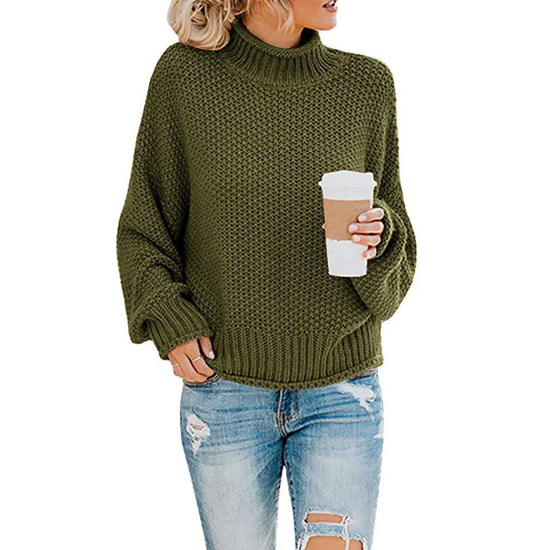 Women's 2024 Turtleneck Batwing Sleeve Loose Oversized Chunky Knitted Pullover Sweater Jumper Tops