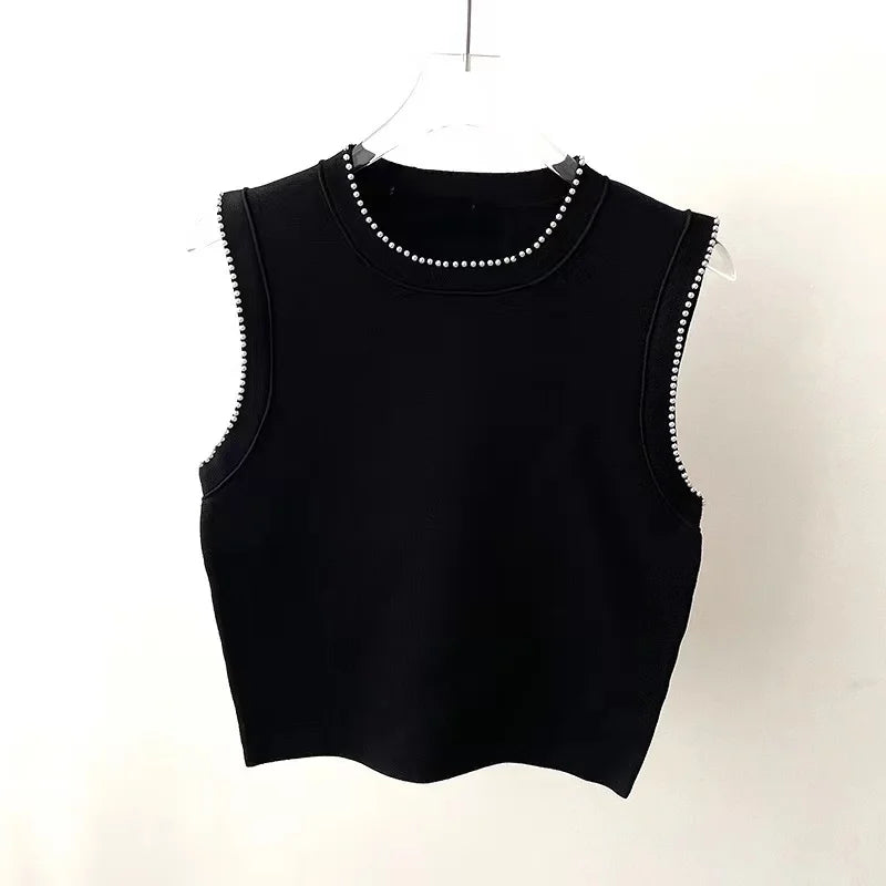 2024 New High Quality French Summer Pearl Decoration Knitted Long Dress Elegant Women O Neck Sleeveless Tank Black Pleated Robe