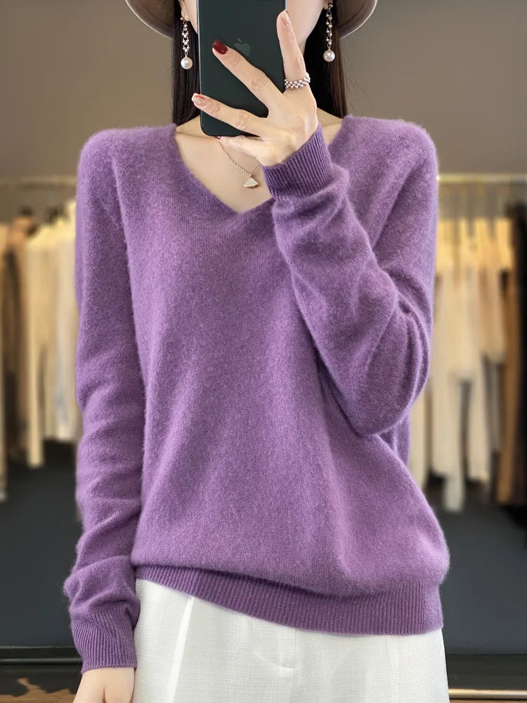 100% Merino Wool Women's Sweater V-Neck Long Sleeve Pullovers Autumn Winter Basic Jumper Cashmere Knitwear Warm Female Clothing