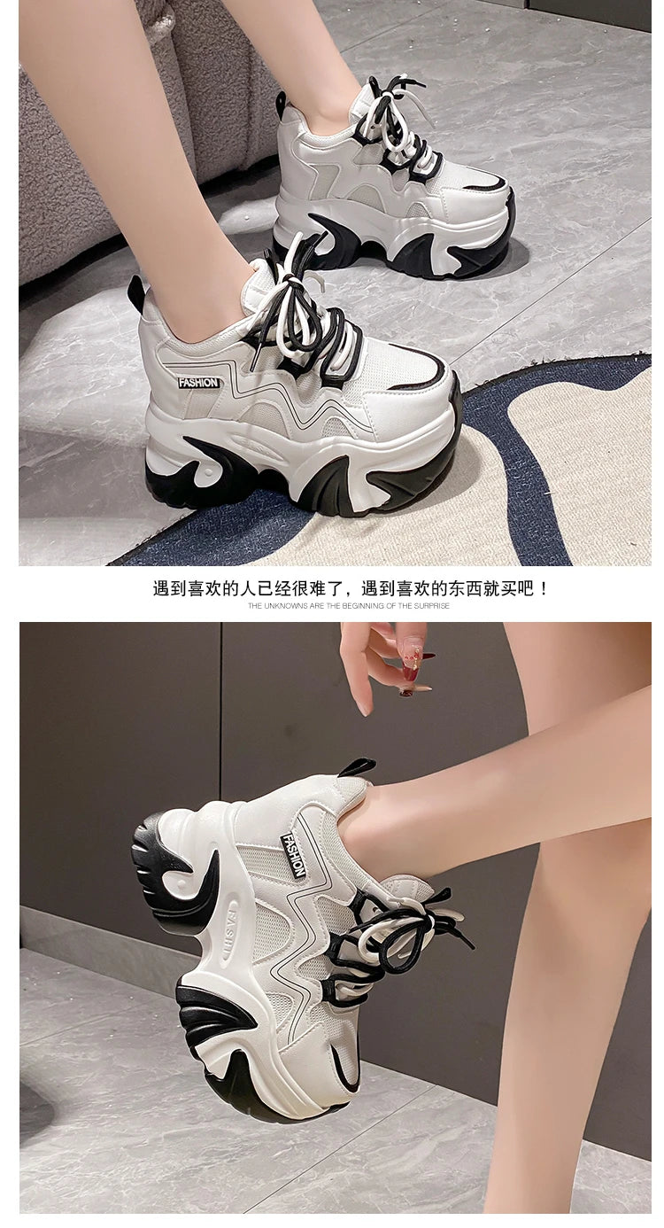 Women Walking Sneakers Autumn Lace-up High Platform Chunky Shoes Breathable Leather Shoes 10CM Winter Wedge Heels Casual Shoes